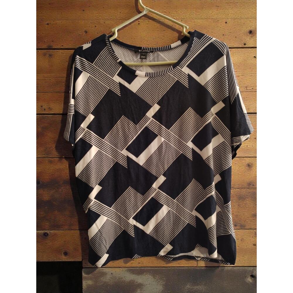 St John L Black Cream Geometric Print Knit Top Short Sleeve Relaxed